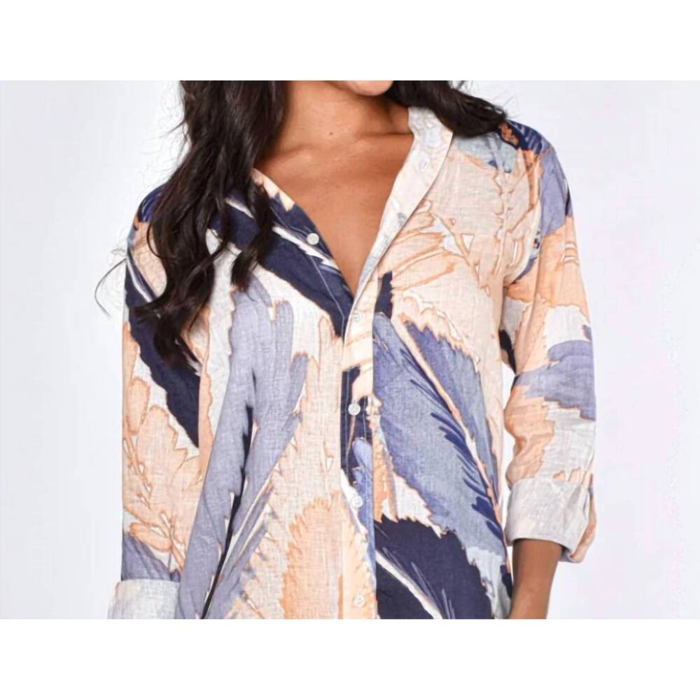NEW EMILY PHILLIPS girlfriend shirt dress in peach and blue leaf